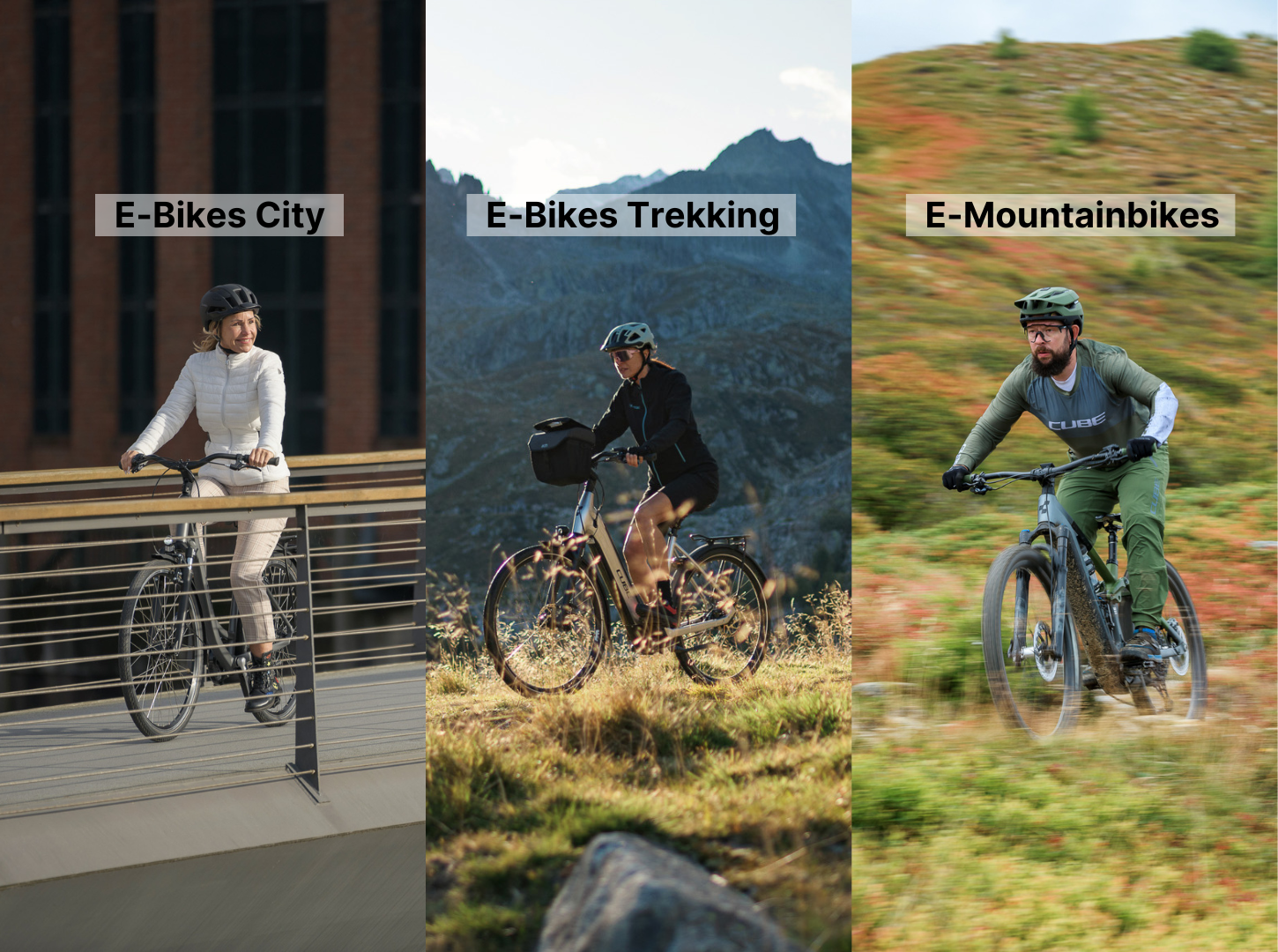 Lifestyle-Fotos-drei-E-Bike-Kategorien_E-Bikes-City_E-Bikes-Trekking_E-Mountainbikes Links fährt eine Frau ECity Bike in der Stadt in der Mitte eine ETrekking Fahrerin über einer Wiese und rechts ein EMountainbiker in den Bergen