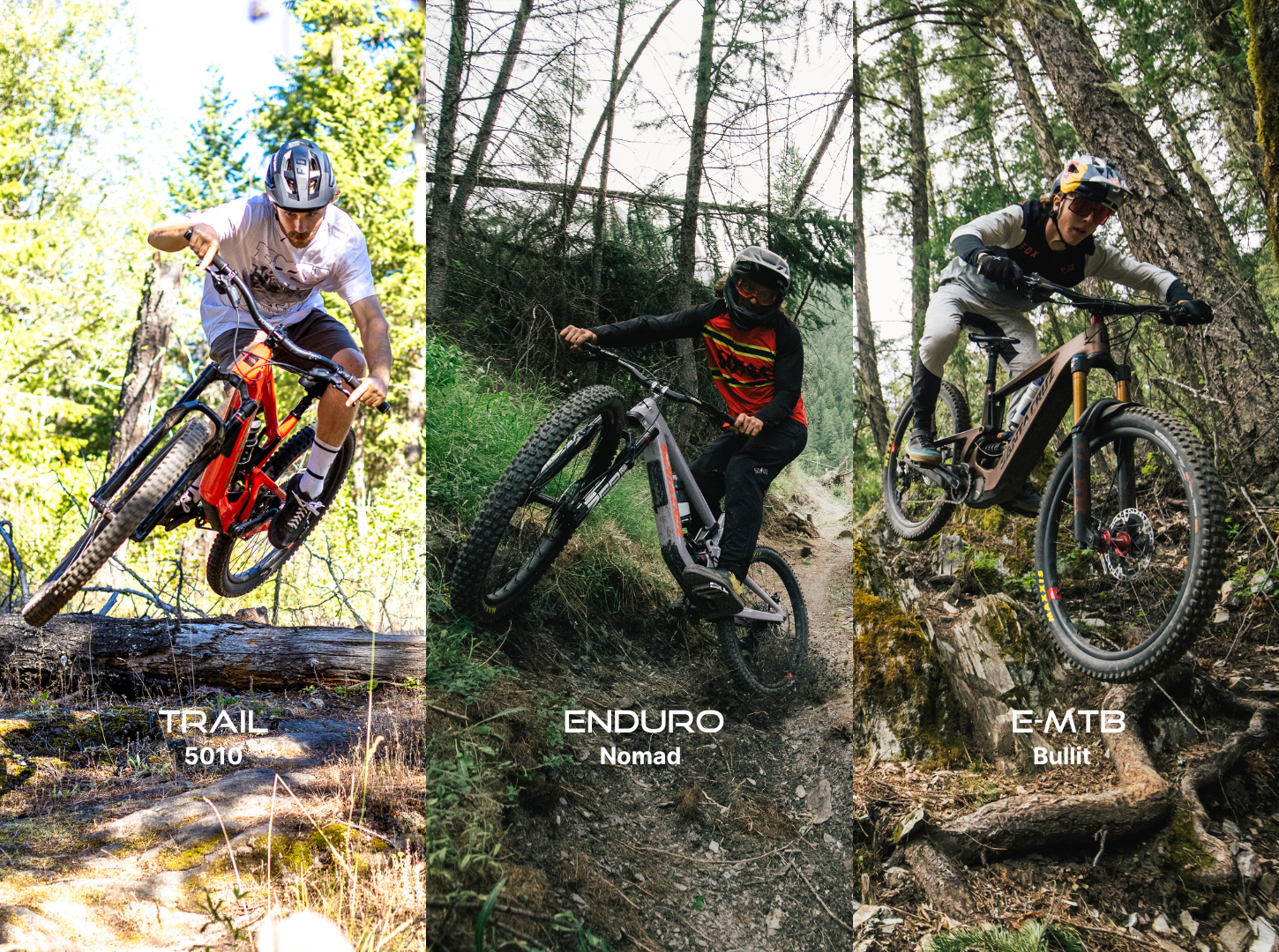Drei Santa Cruz Bicycles Kategorien mit Mountainbike Action Fotos Trail Enduro und EMTB