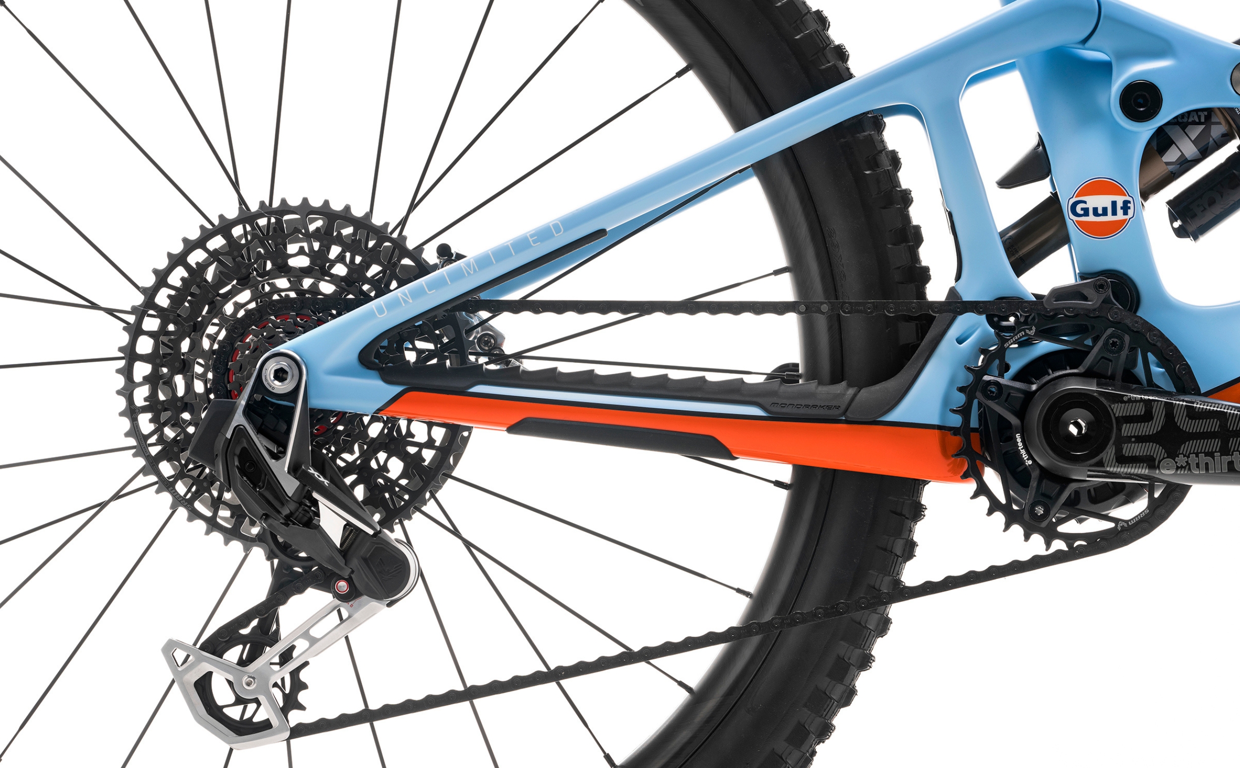 Mondraker NEAT Unlimited Gulf TQ HPR-50 360Wh 2024 Detail Hinterbau und Schaltwerk
