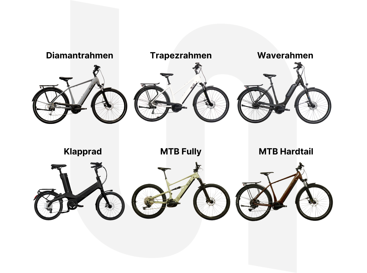 Übersicht E-Bike-Rahmenformen_Diamant_Trapez_Wave_Klapprad_Mountainbike-Rahmen Übersicht sechs verschiedener EBike Rahmenformen