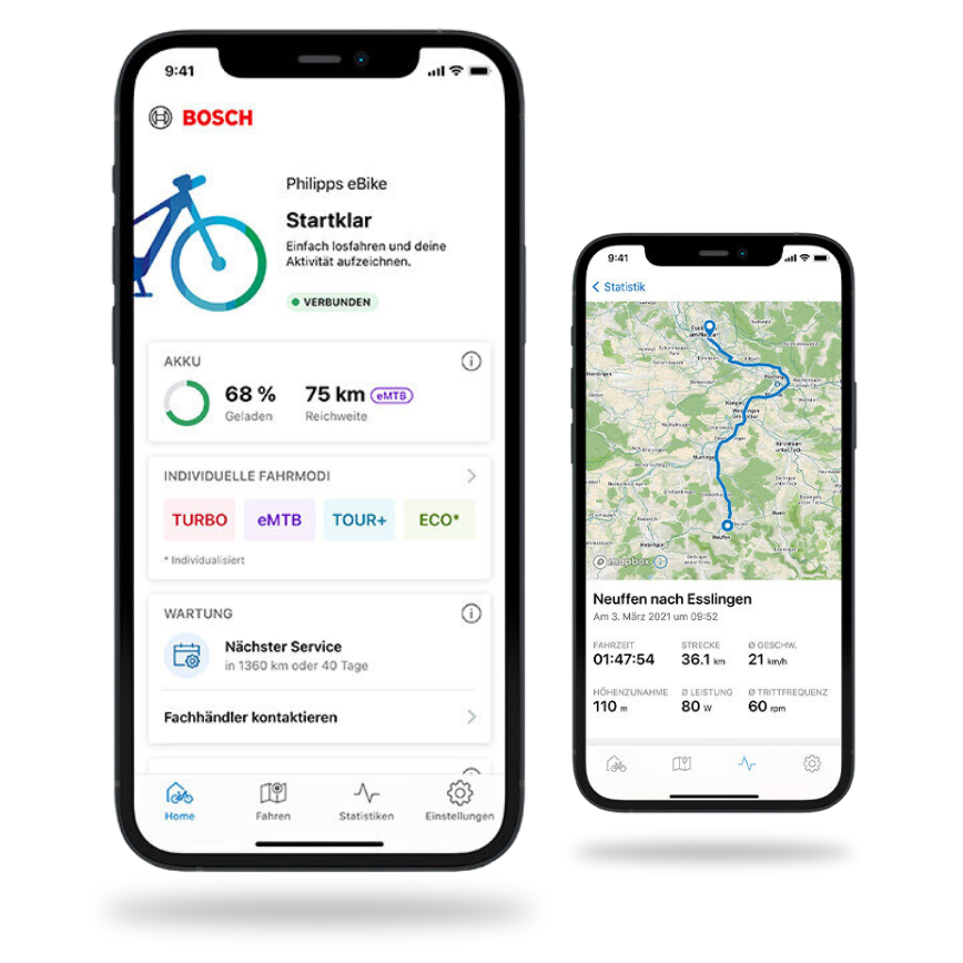 Bosch eBike Flow App auf zwei Smartphones – zeigt Fahrdaten, Navigation und Systemsteuerung.