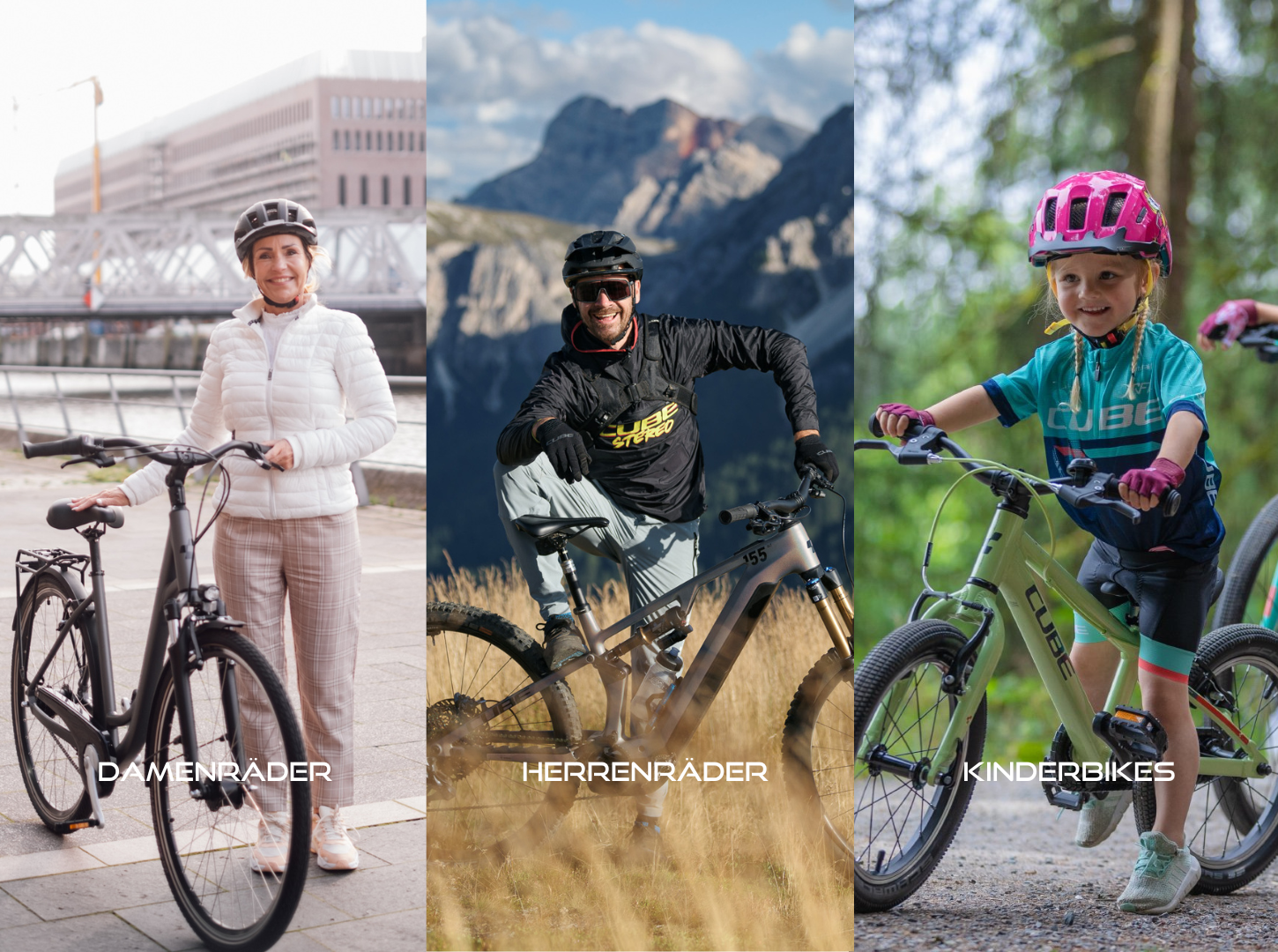 Eine Citybike Fahrerin ein MTB Fahrer ein Mädchen mit ihrem Cube Kinderfahrrad