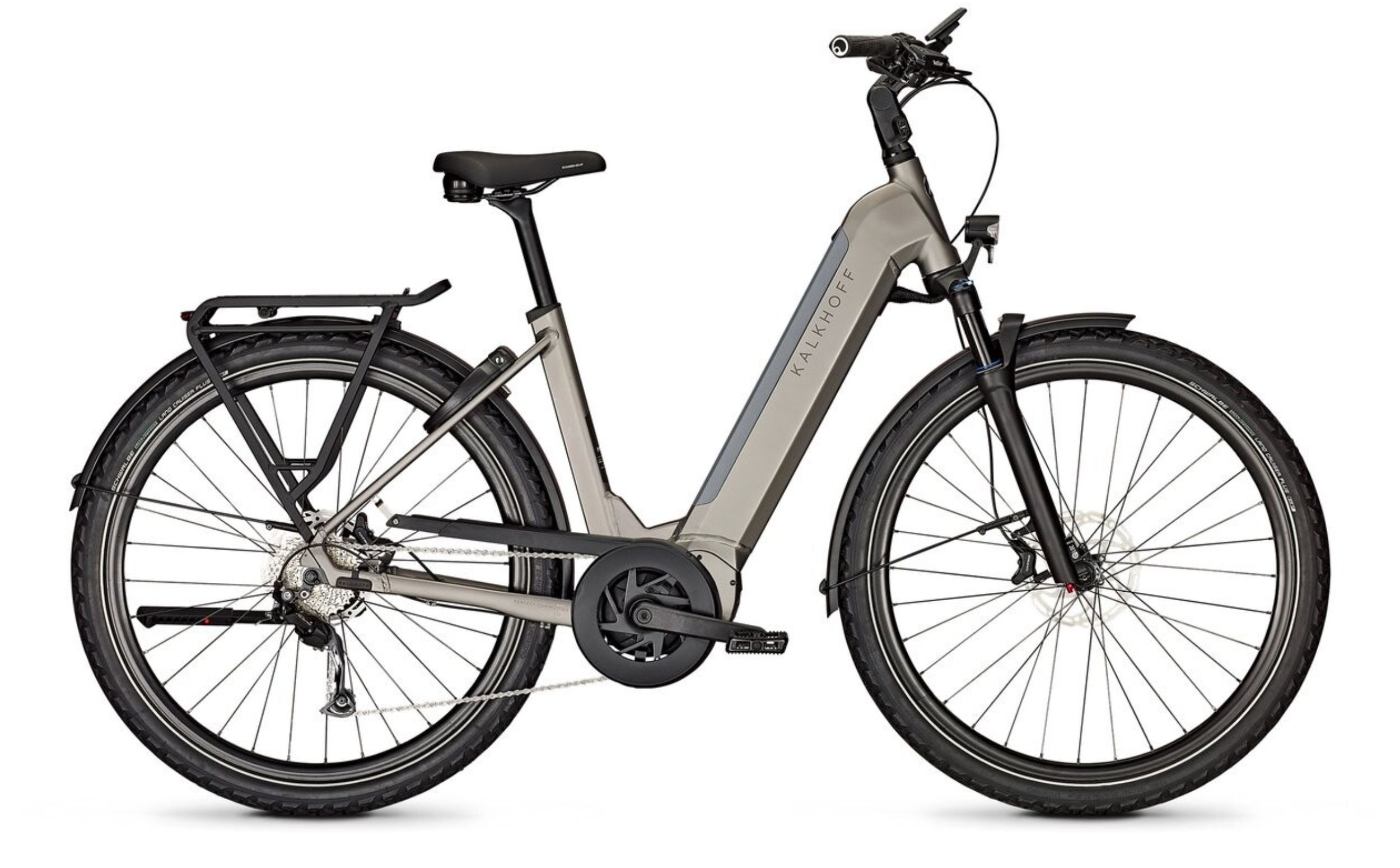 Seitenansicht des E-Bikes Kalkhoff Endeavour 5.B Move+ mit tiefem Einstieg, Bosch Performance Line Motor und integriertem 625 Wh Akku, in sandfarbener Lackierung.