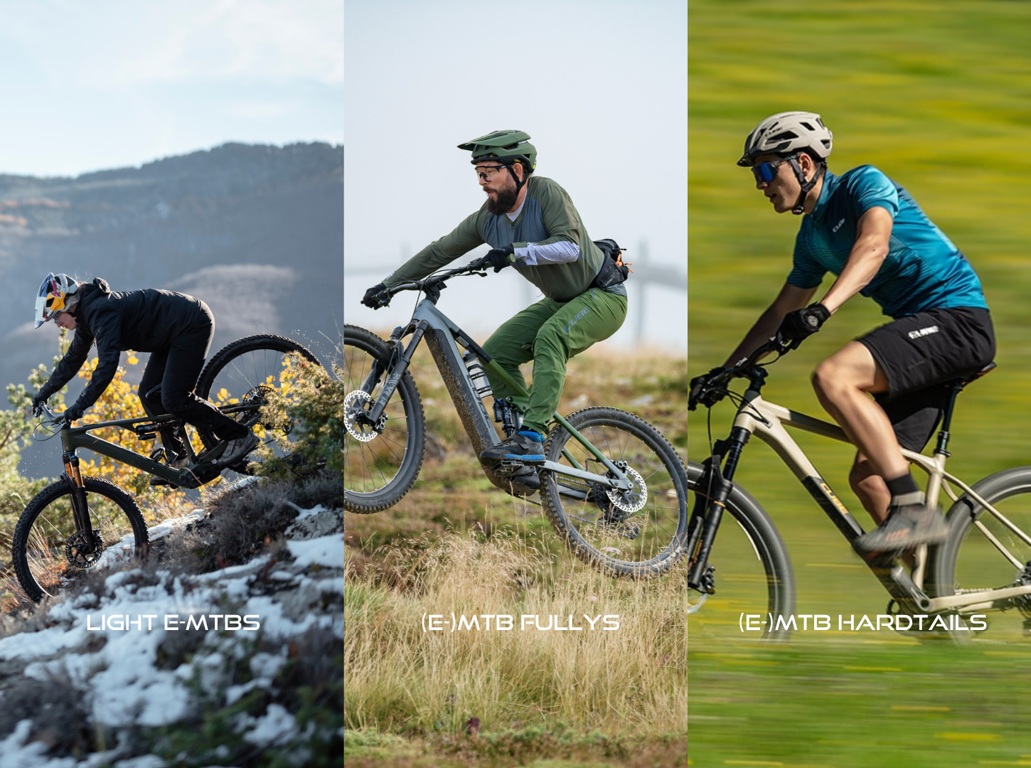 eine Light EMTB Fahrerin ein EMTB Fully Fahrer und ein Hardtail Fahrer in Action