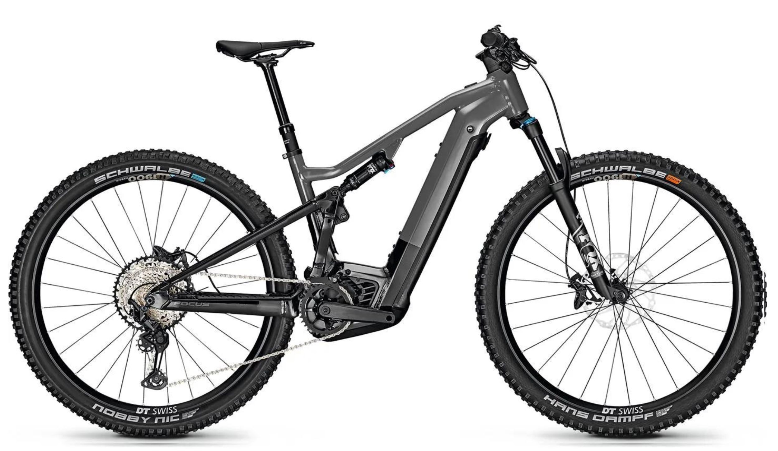 Seitenansicht des Focus Thron² 6.9 E-Mountainbikes in Rahmengröße Small mit Bosch Performance CX Motor und integriertem 625 Wh Akku.