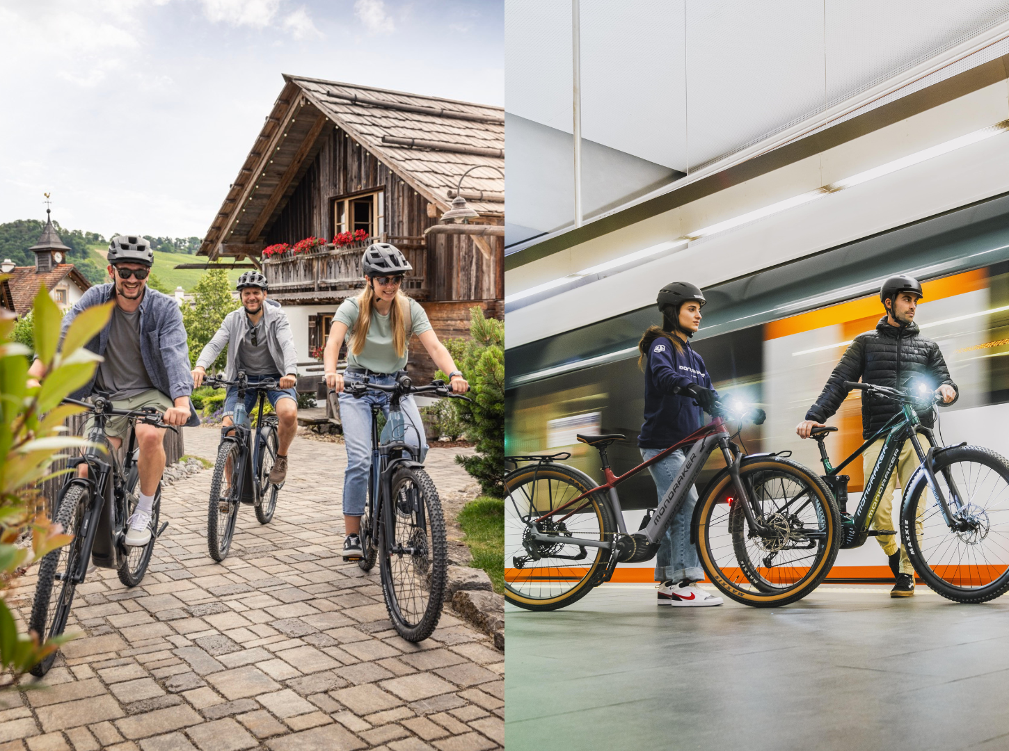 Einsatzgebiete-E-Mountainbike-Hardtails_Links-für-Touren-in-den-Weinbergen_rechts-zum-Pendeln-für- Links haben drei Leute Spaß am EMountainbike Hardtail fahren auf dem Land und rechts warten zwei Pendler mit ihren EBikes auf den Zug