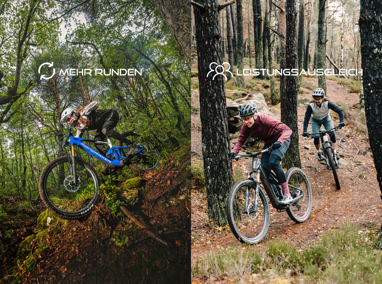 Vorteile-Light-E-MTBS_links-Enduro-mit-mehr-Bergab-Spaß-durch-mehr-Reichweite_rechts-mehr-Spaß-bei-T Links Endurofahrer mit Light EMountainbike rechts zwei Fahrer mit Light EMTBs beim Uphill im Wald