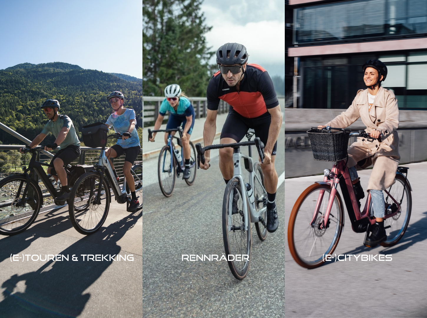 Zwei Trekkingbikefahrer zwei Renradfahrer und eine Citybike Fahrerin beim radeln